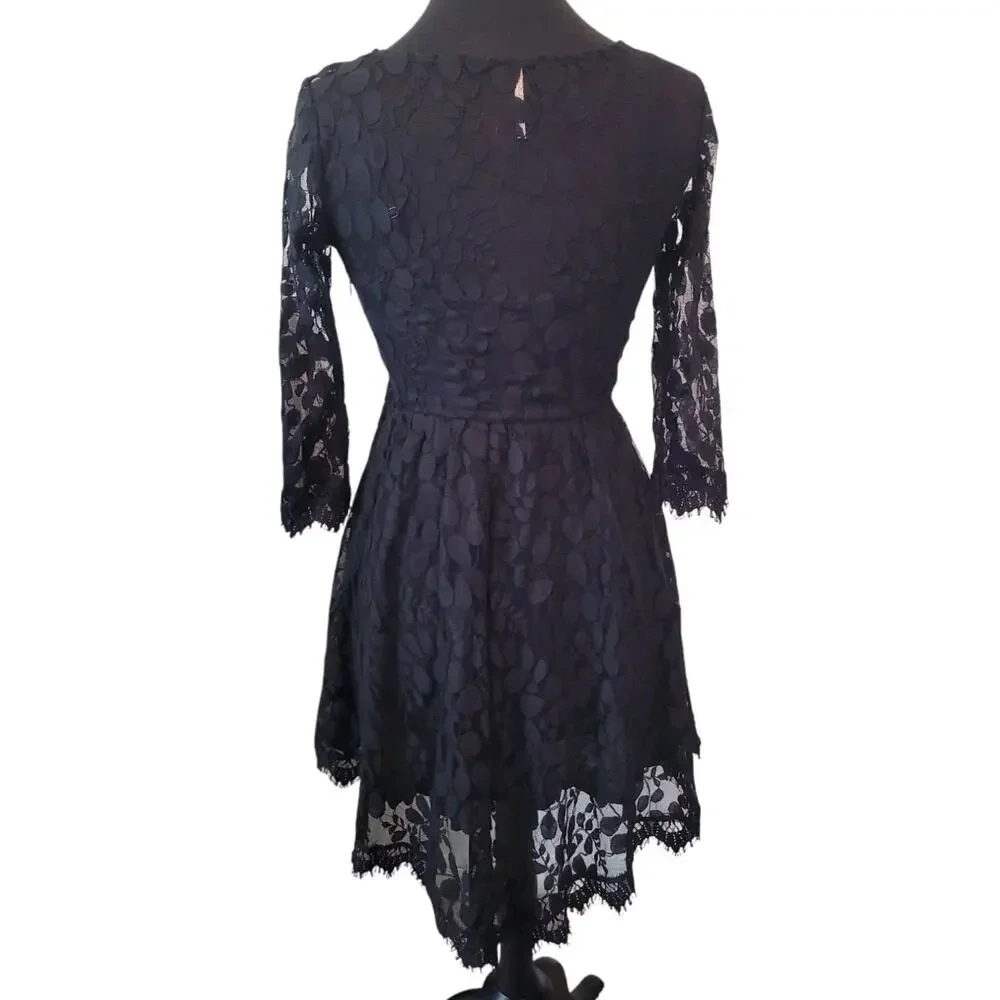 Free People Asymmetrical Boho Black Lace Overlay Long Sleeve Mini Dress Small